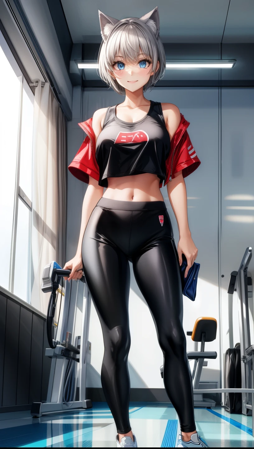 (masterpiece), (best quality), (High quality), BREAK, expressive eyes, BREAK, perfect face, (1girl), (grey cat ears), (medium hair, grey hair), ((pixie cut)), BREAK, (big eyes, perfect eyes, blue eyes, thick eyelashes), thin eyebrow, BREAK, ((smile)), BREAK, (short height), BREAK, slim bulid, BREAK, (), (clevage: 1.2), BREAK, (red tanktop, cropped), BREAK, ((black leggins)), BREAK, (sneakers), BREAK, (standing), (view from the front), (full body), BREAK, (at the gym, crowded), BREAK, more_details:-1, more_details:0, more_details:0.5, more_details:1, more_details:1.5