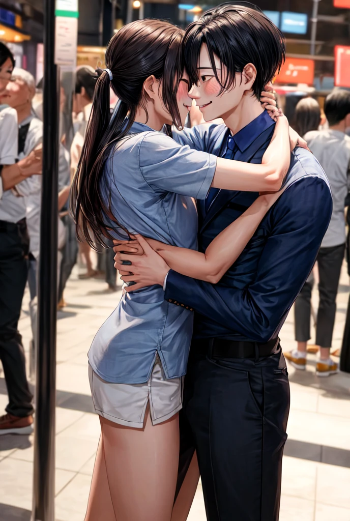 Two Thai men hug each other with love, with one person standing far behind.