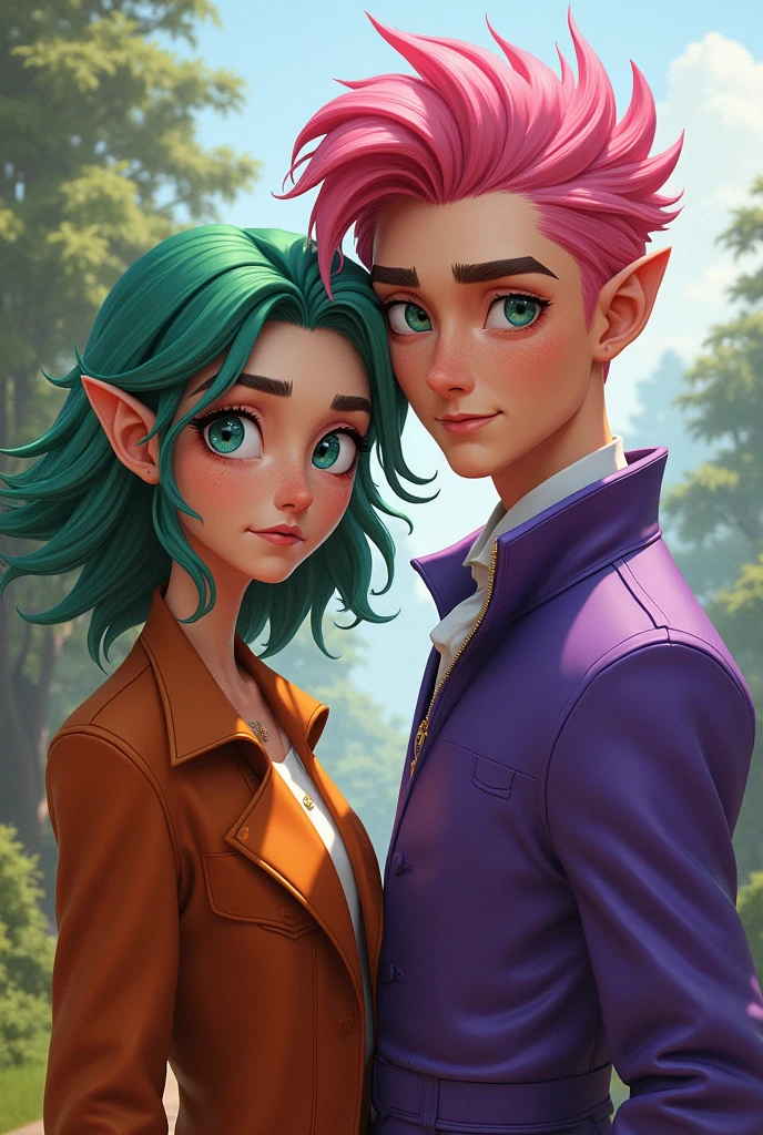 A 17 year old beautiful girl named Frieda. She has green hair, grey eyes, and wears brown and orange. A 17 year old boy named Waldemar. He has pink hair, blue eyes and wears purple.