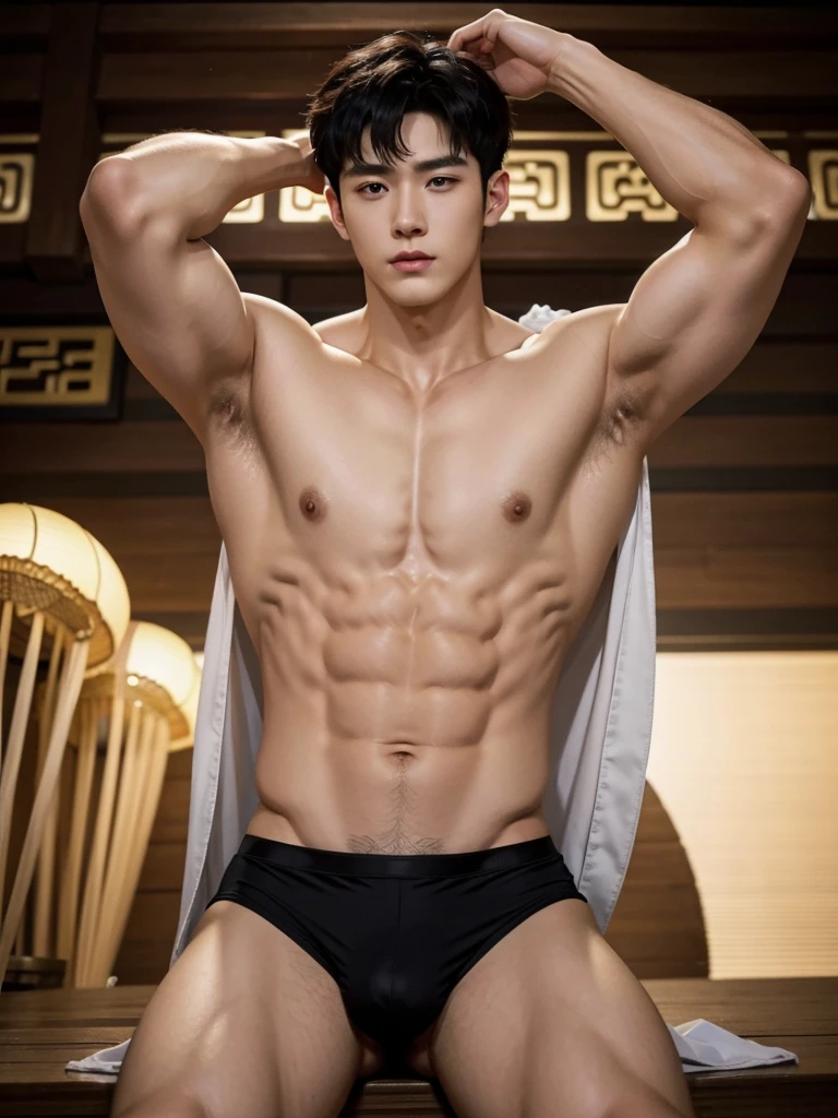 Chinese Men God, Mythology, Chinese odyssy, Handsome young baby face, Topless, Muscles Athlete body, Full Frame, Sexy, Professional Lighting, Hanfu Outfit, Chinese Heaven Background,  smooth skin color Underwear, Hanfu Warrior, Hanfu God, Hanfu Male, Hanfu Nobel, Seduce, Sex Appeals,  mess curly hair, Alafard man shirtless   , muscular body,super handsome,  manly, detailed face,  manly chin, manly jawline, inspirite by Zhang Han, Cai Xukun, Kim Do-young, Inspired by Bian Shoumin, Inspired by Xiao Yuncong, yihao ren, yanjun cheng, jinyiwei, inspired by Huang Gongwang, xintong chen, Jacket, wearing super tiny skiny brief, lifted arms, shaved armpits, wet cloth, nice juicy butts, bare butts, open legs, Tattoo chest,  tattoo hands,  tattoo arms,  tattoo belly, clear studio light, night ancient chinese Buddhism temple background,  detailed background, fantasy super long big dick masturbate, correct good shape dick,  Chinese themed, the best resolution, 8k, Ultra fullHD, look at the viewer,  catching eyes,
