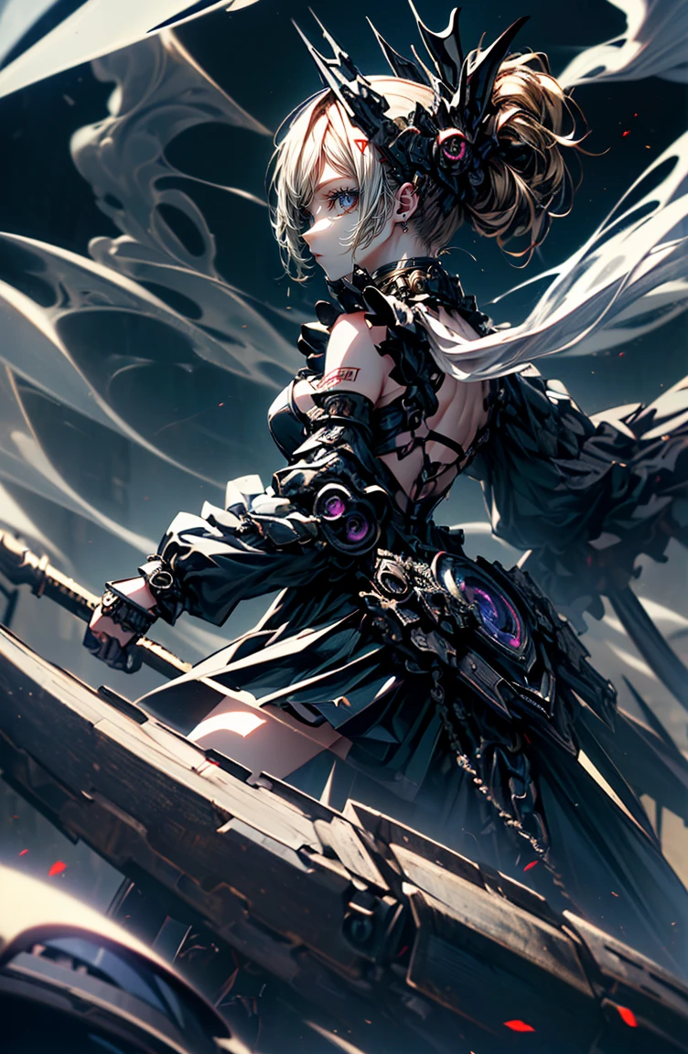 super high quality、8K quality、High resolution、Image quality captured with a single-lens reflex camera、(software)、Perfect Anatomy、(1. The theme is Gothic punk girl holding a barrel of alcohol)Beautiful blonde 15 year old girl.Orange eyes、(Good shape、Normal chest、Cleavage)、(Black mechanical parts for arms and legs、3D, Realistic mechanical parts)(Mechanical parts wings on the back)(Equipped with a chainsaw:1.2)(Holding a barrel of wine:1.2)break、(Perfect Anatomy:1.4)break(Rear view、Recall、avert your eyes:1.3)Petals flutter(Smoke rising from the battlefield、Twilight:1.5)