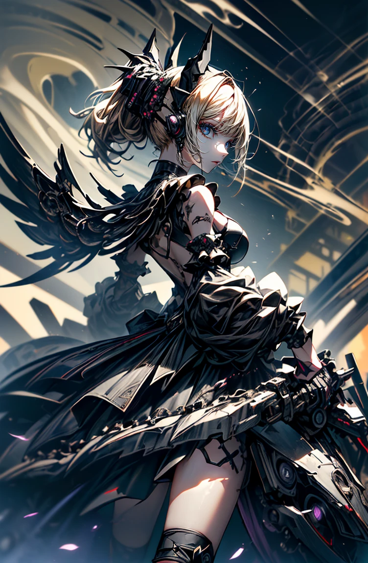 super high quality、8K quality、High resolution、Image quality captured with a single-lens reflex camera、(software)、Perfect Anatomy、(1. The theme is Gothic punk girl holding a barrel of alcohol)Beautiful blonde girl.Orange eyes、(Good shape、Normal chest、Cleavage)、(Black mechanical parts for arms and legs、3D, Realistic mechanical parts)(Mechanical parts wings on the back)(Equipped with a chainsaw:1.2)(Holding a barrel of wine:1.2)break、(Perfect Anatomy:1.4)break(Rear view、Recall、avert your eyes:1.3)Petals flutter(Smoke rising from the battlefield、Twilight:1.5)