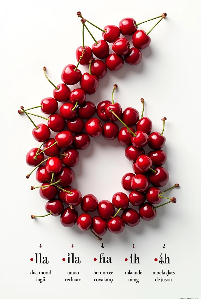 Number 6 made with cherries, with the name months (In Brazilian Portuguese) below the number
