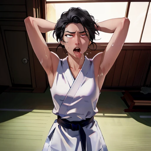 ((((masterpiece, best quality, high resolution)))), Extremely detailed 8K, 1 female, wearing a white Karate gi, (ahegao),white eyes, Small breasts, sash, japanese clothes, No underwear,No eyeballs, Facing the audience, looking at the audience, tired, from below, (Exposed armpit:1.1), ((armpit:1.2)), sexy, Sweating, More and more sweat,(ahegao), (Roll your eyes), open mouth, Sticking out tongue, saliva, Slobber,Skinny, raise arms, (arms above head:1.5)(Ultra HD, Ultra-detailed, Highly detailed, Highly realistic, Ultra-realistic, photograph realistic), (1girl:1.5), (Realistic black hair), (dynamic poses), facing at camera, looking at viewer, (slightly serious face), (perky breasts:1.2), (beautiful detailed face, beautiful detailed eyes), ((worn out karate gi)), (preparing for a fight), sweat, glow, (sunbeam, sunlight), ((cowboy shot)), inside a training gym, seductive, EnvyBetterHands LoCon,