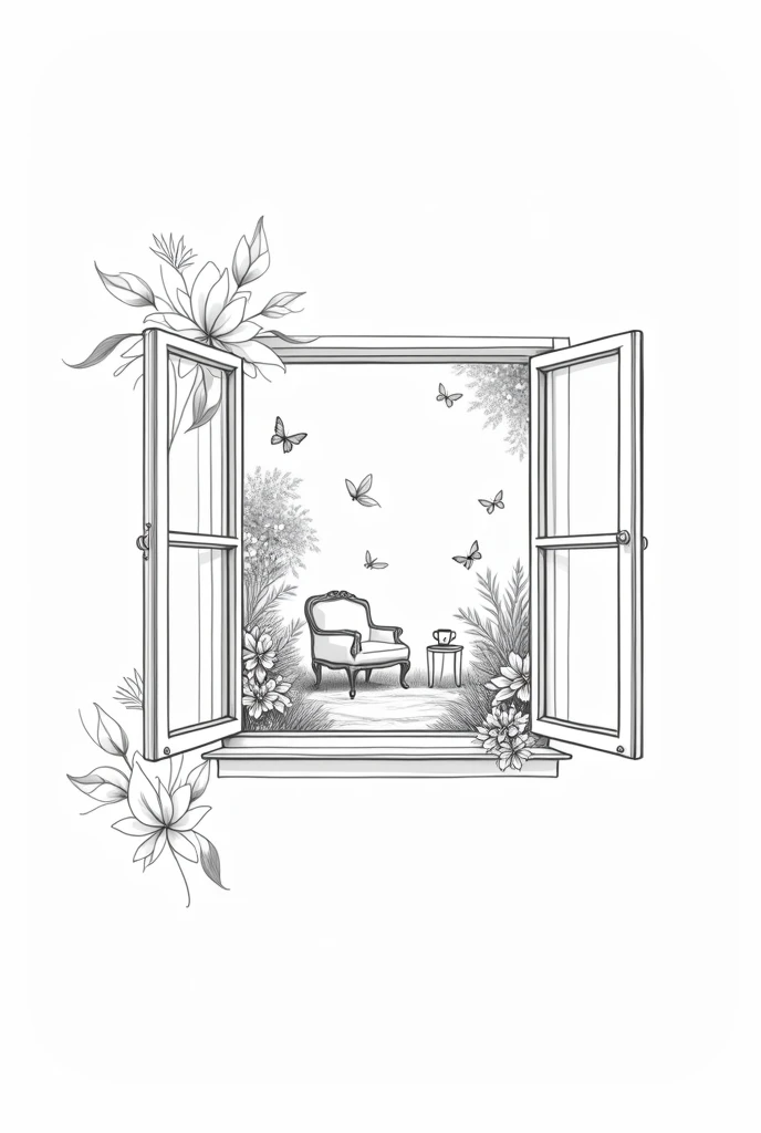 Create a very minimalist and delicate black and white illustration for a tattoo with fine lines of an open vintage window where outside you can see a flower garden with butterflies and inside there is a cozy room with an armchair, rug and side table supporting a hot coffee