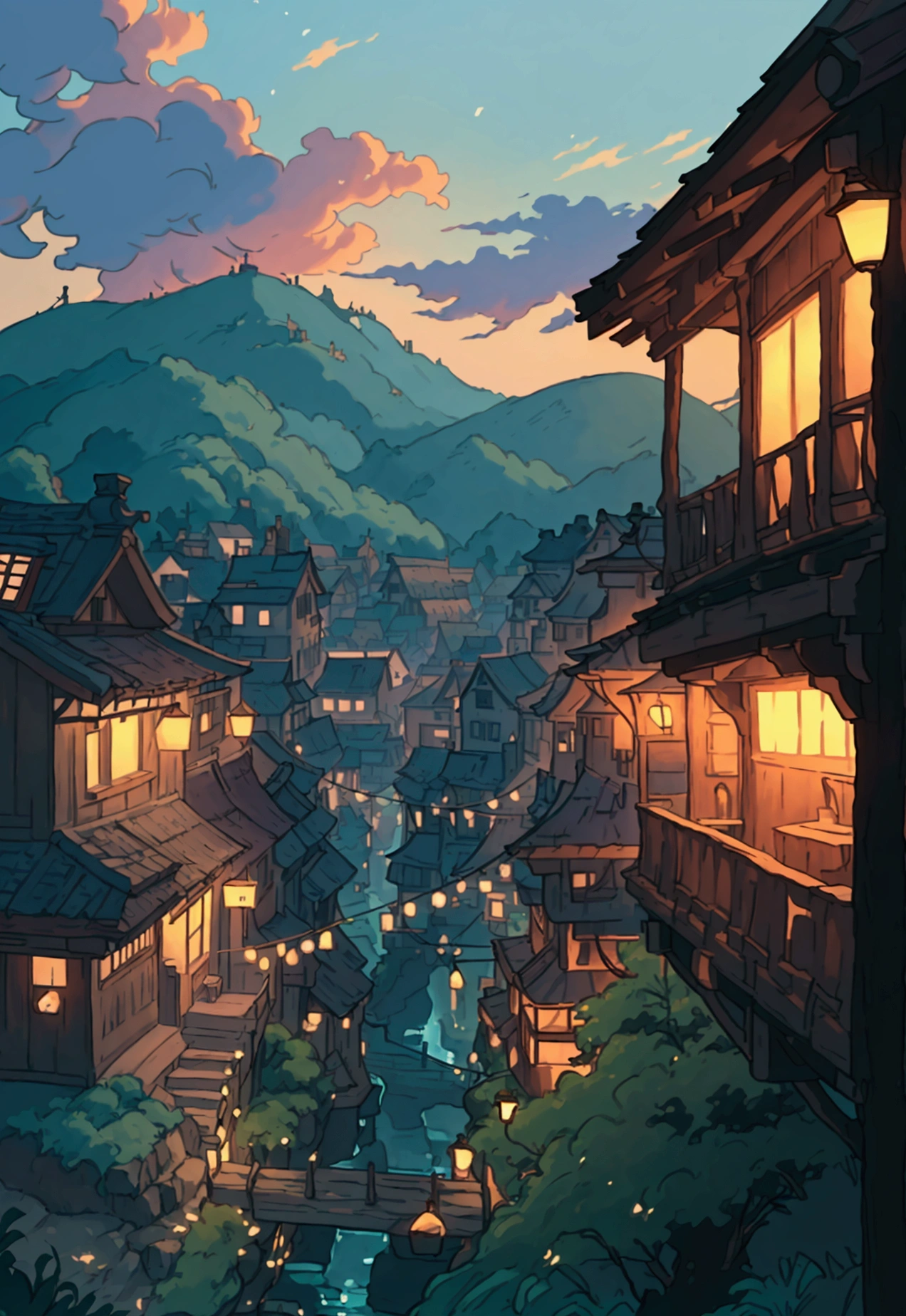 (a village old style wooden and mud made balcony lit up at night with the lights on, bedroom in studio ghibli, ghibli spirited away vibe, studio ghibli aesthetic, studio ghibli environment, style of makoto shinkai, cinematic studio ghibli still, studio glibly makoto shinkai, ghibli vibe, makoto shinkai. high detail, makoto shinkai and (cain kuga), nostalgic atmospherev 6.0 -.gorgeous digital painting by Niko Henrichon, romantic ambient, soft night time, , stunning view, all in the amazing outdoors view, 4k digital painting, no human, uHd, in distance view. 4k wallpaper, wide angle view, Wallpaper style, professional photography style, keep cool distance, middle position , landscape view, large angle focused