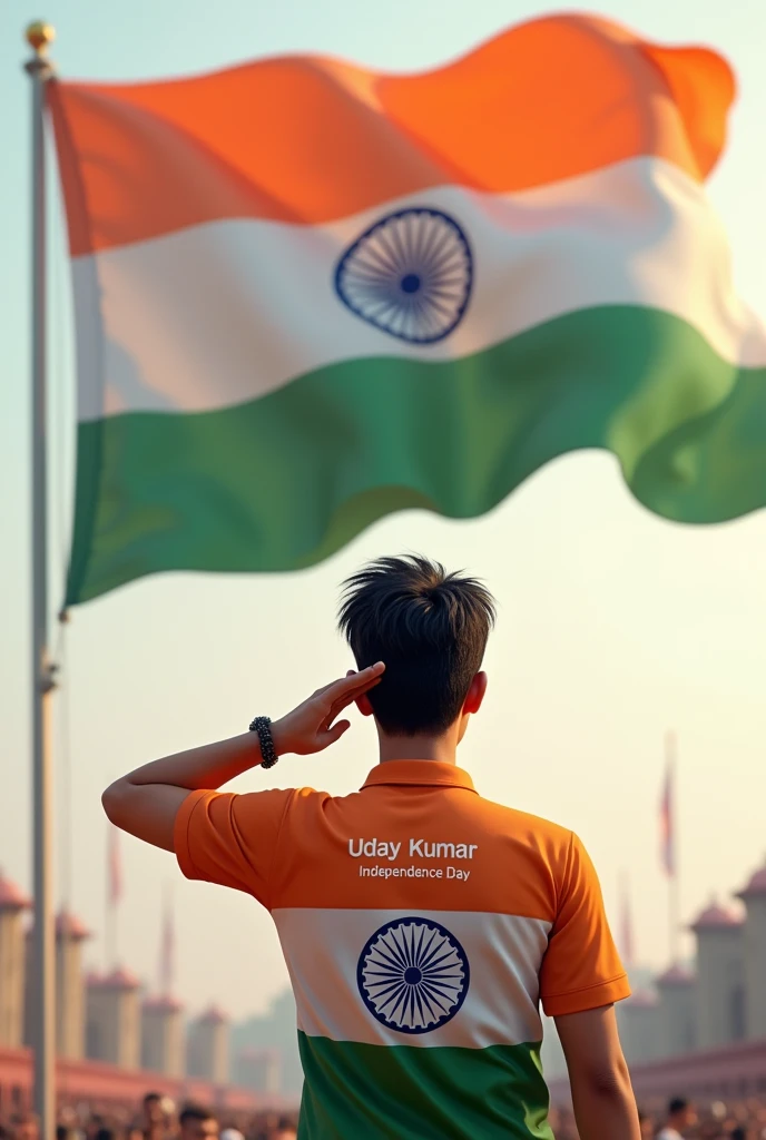 Create a 3D illustration of a 26-year-old boy saluting the national flag of India. He is wearing a shirt whose print is like the Bharat flag and written uday kumar along with the independence day 
on its back.