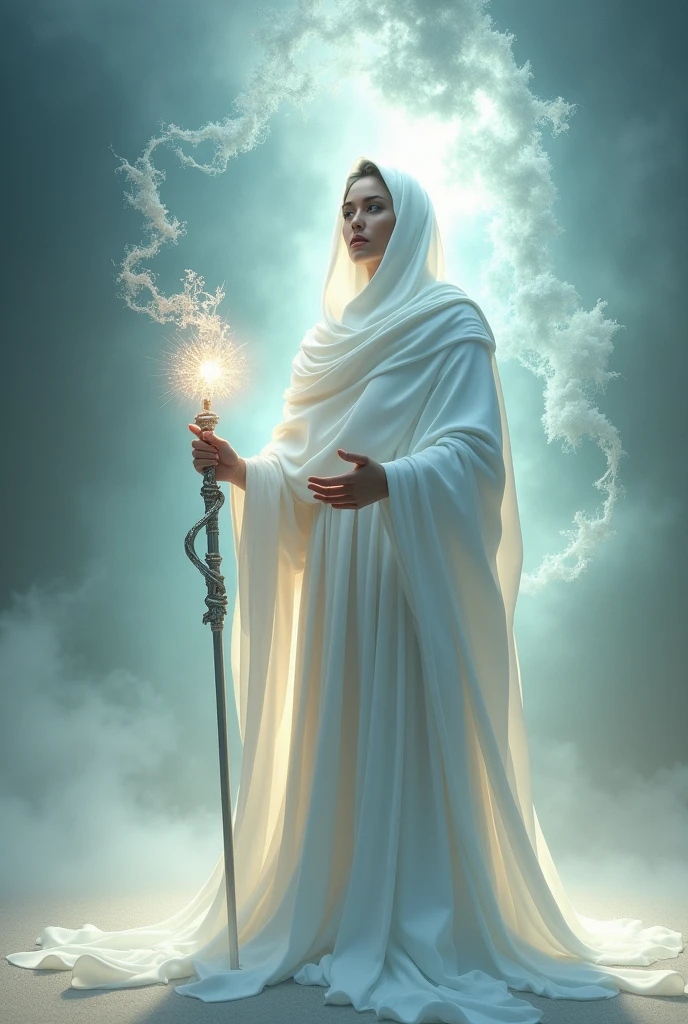 (highly realistic) (work of art) (4k image quality) (hyper detailed) (beautiful perfect face)(fot)(Approximate image)(肌肉男)(sensuous)
"Create an ethereal, luminous scene set in the fifth dimension, featuring a wise fractal being that radiates light. The being is wrapped in a fluid white cloak that covers its entire body, symbolizing purity and wisdom. In your hands, he holds a shining staff, symbol of ancient knowledge and power. The background is filled with soft, luminous fractal patterns that evoke a sense of harmony and enlightenment.. The atmosphere must be serene, with a warm and welcoming light that conveys a message of peace, spiritual ascension and elevation."