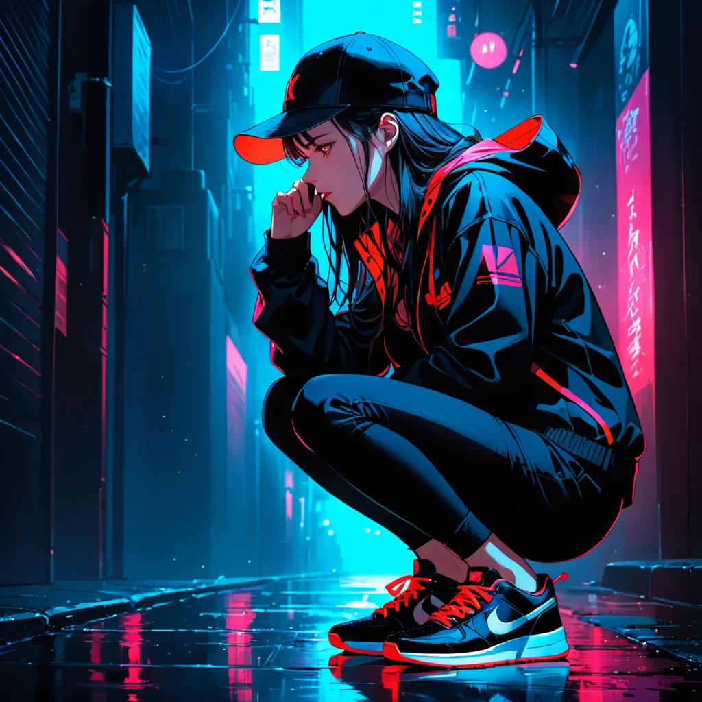 An anime-style illustration of a woman crouching in the dark, looking straight ahead with her face hidden by a cap. The cap, street-style jacket, and sneakers all feature fluorescent red accents, which stand out brightly against the dark background.
High resolution, masterpiece, accurate, 最high quality, High detail, high quality, Very detailed, dark,longhair