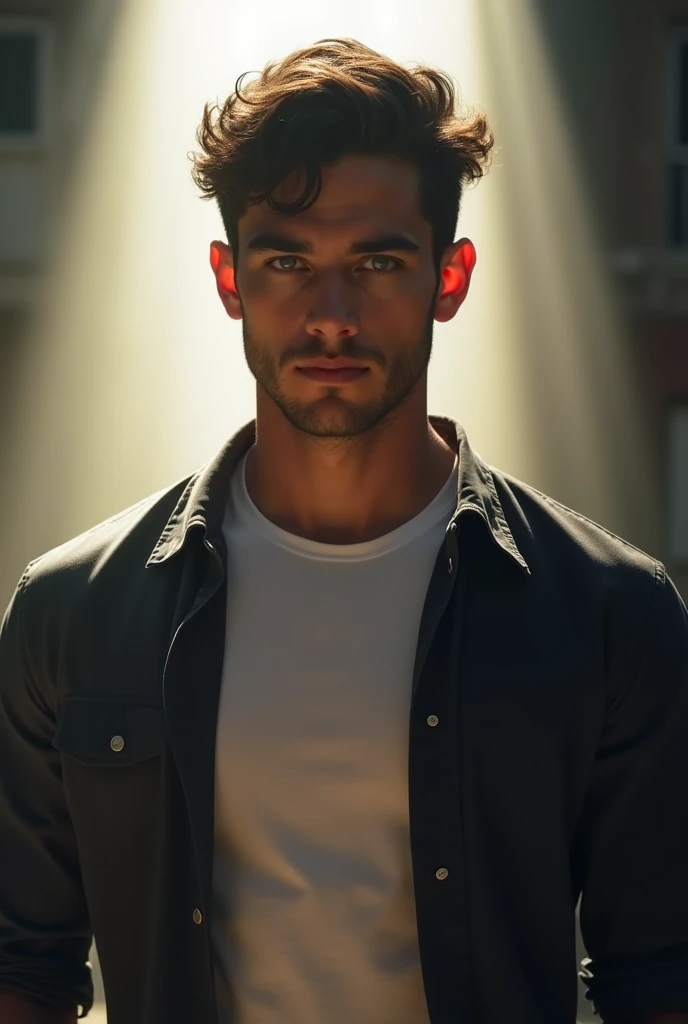 A 20 year old man with dark brown hair and icy blue eyes stands in a sunbeam, his silhouette athletic and strong, his face illuminated by the sun, his strong jaw and dark edges highlighted, and a stumble in his step, wearing a white t-shirt and an open dark shirt, his expression determined and powerful.A 20 year old man with dark brown hair, icy blue eyes, and an athletic silhouette stands in a sunbeam, wearing a white t-shirt and an open dark shirt, with a face of strong edges and a strong jaw, slightly stumbling.