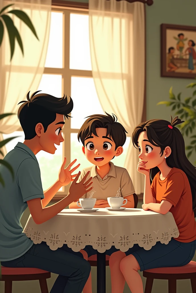 Generate an ai picture about 3 friends having a discussion about their work. 1 boy is Malay (Aidil) 1 boy is Indian (ravi) and 1 girl is Chinese (Mei Ling). The art type is ghibli
