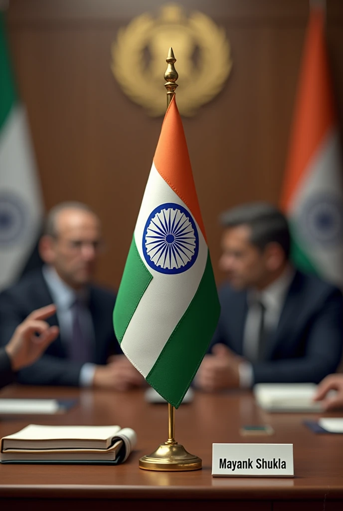 Indian flag on table with emblem in a government organisation realistic with blurred background having name plate written Mayank shukla