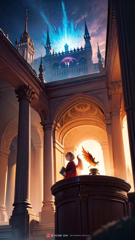 Image Description:Size: The image should be created with a size of 1024x512 pixels.Art Style: The artwork is in a whimsical, fantasy, and adventure style with a vibrant and colorful palette. The drawing style is a mix of cartoonish and surreal, with soft, dynamic lines and detailed environments that give a sense of motion and depth.Main Scene:Central Character: A young girl, around 10 years old, with short, windswept brown hair, wearing a red hoodie and blue shorts. She has large, curious eyes and is holding an open book in her hands as she appears to be floating or leaping into the air from the pages.Additional Characters: Include two more characters:A small, mischievous boy with spiky blonde hair, wearing a green cloak, floating beside the girl. He holds a glowing lantern that lights the way.A mystical creature resembling a small, winged dragon with shimmering scales, flying above them, leaving a trail of sparkles.Environment:Floating Islands and Fantasy Architecture: The background is a vibrant fantasy world with floating islands in the sky, connected by twisting, magical bridges. The buildings have an eclectic, fantastical design, with spiraling towers, golden domes, and glowing windows.Additional Elements:Flying Ships and Hot Air Balloons hover in the sky, each with unique designs, adding to the sense of wonder.Colorful flowers and butterflies flutter in the air, giving the scene a lively and enchanting feel.Golden light from a setting sun casts warm hues over the entire scene, creating a magical atmosphere.Text: In the bottom right corner, the text "World of Imagination" should be written in slanted and bold English font.