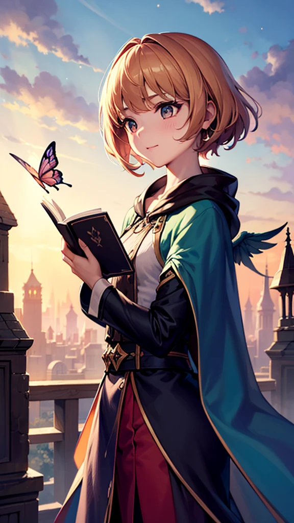 Image Description:Size: The image should be created with a size of 1024x512 pixels.Art Style: The artwork is in a whimsical, fantasy, and adventure style with a vibrant and colorful palette. The drawing style is a mix of cartoonish and surreal, with soft, dynamic lines and detailed environments that give a sense of motion and depth.Main Scene:Central Character: A young girl, around , with short, windswept brown hair, wearing a red hoodie and blue shorts. She has large, curious eyes and is holding an open book in her hands as she appears to be floating or leaping into the air from the pages.Additional Characters: Include two more characters:A small, mischievous boy with spiky blonde hair, wearing a green cloak, floating beside the girl. He holds a glowing lantern that lights the way.A mystical creature resembling a small, winged dragon with shimmering scales, flying above them, leaving a trail of sparkles.Environment:Floating Islands and Fantasy Architecture: The background is a vibrant fantasy world with floating islands in the sky, connected by twisting, magical bridges. The buildings have an eclectic, fantastical design, with spiraling towers, golden domes, and glowing windows.Additional Elements:Flying Ships and Hot Air Balloons hover in the sky, each with unique designs, adding to the sense of wonder.Colorful flowers and butterflies flutter in the air, giving the scene a lively and enchanting feel.Golden light from a setting sun casts warm hues over the entire scene, creating a magical atmosphere.Text: In the bottom right corner, the text "World of Imagination" should be written in slanted and bold English font.
