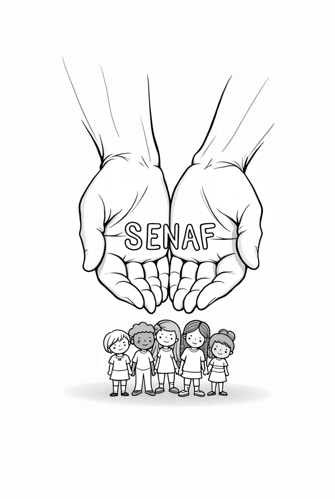 Coloring page of boys and girls and agers protected by a pair of hands on which SENAF is written