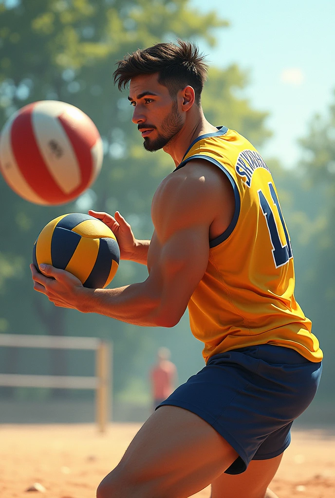 (1boy, photorealistic:1.4, ultra realistic, masterpiece:1.2, best quality, 4k), young olympic male volleyball player posing nude and holding a volleyball in front of his crotch, big smile on his face, slim athletic body build, photo from the olympic games, outdoor sand volleyball court, detailed face, ultra realistic skin, Olympic Games, shot on Nikon d850 50mm, dlsr, RAW, natural outdoor lighting, midday sunlight