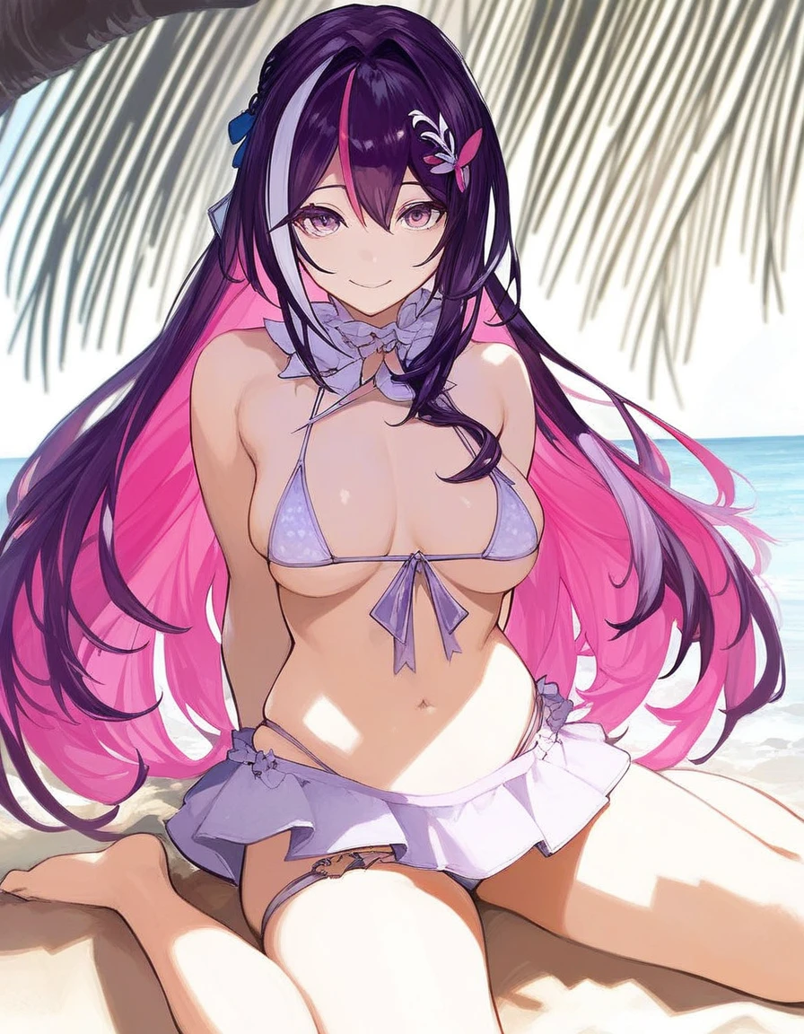 AZKi-default/Hololive,1girl,medium breast,long hair,sideburns,multicolored hair,streaked hair,dark purple hair,pink colored inner hair,light magenta eyes,hair accessory,frill bikini,micro skirt,skindentation,micro bikini,,,,,official_art,,score_9, score_8_superior, score_7_superior, score_6_superior, sauce_anime, solo,beach,back lighting,under thee tree,looking at viewer,light smile,sitting,arms behind back,front view,