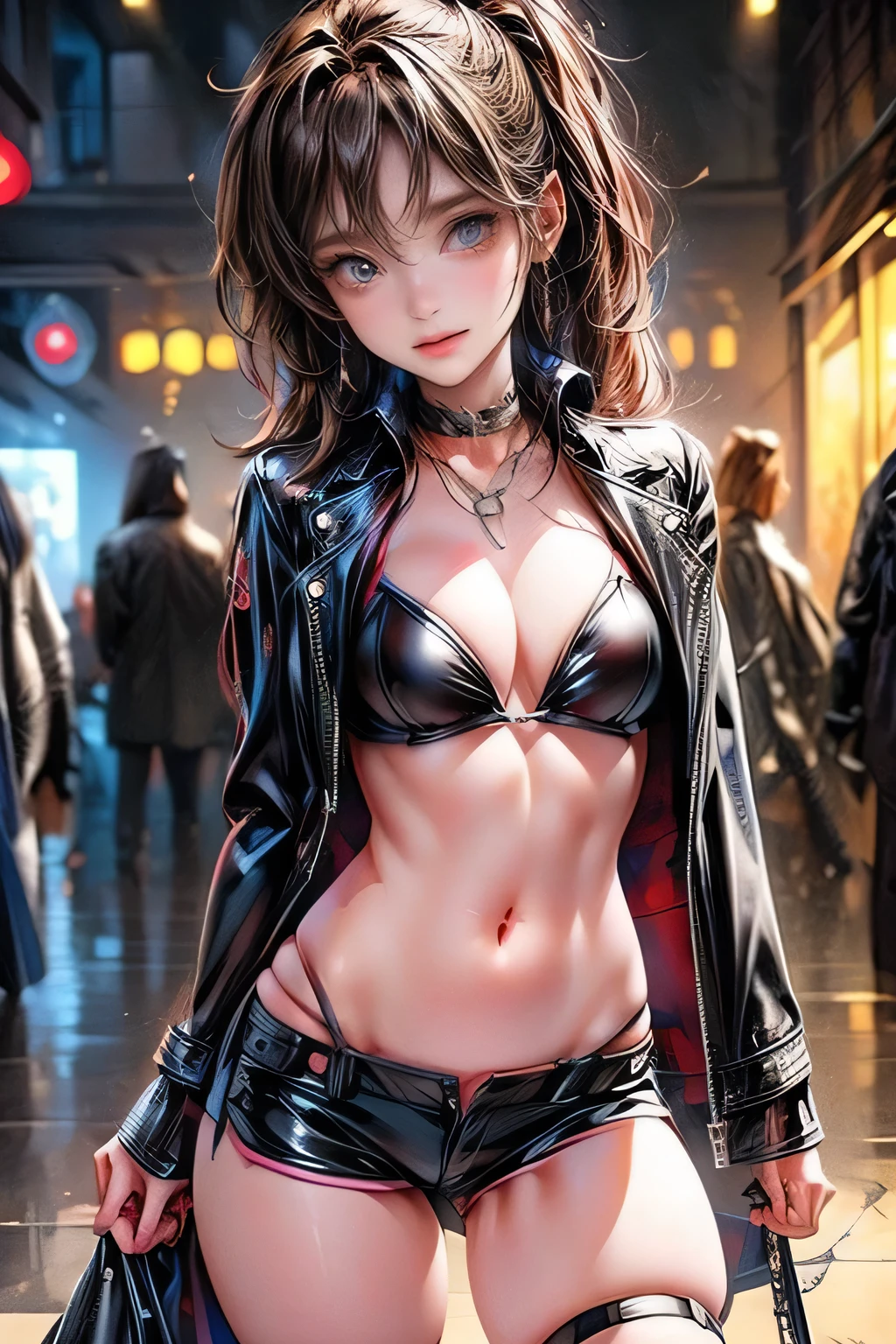 cute girl wearing black leather jacket, 1girl, solo, jacket, long hair, shorts, looking at viewer, navel, smile, breasts, outdoors, shirt, short shorts, white shirt, open jacket, open clothes, open mouth, night, cowboy shot, black jacket, black shorts, blush, collarbone, blonde hair, thighs, cleavage, leather, leather jacket, sky