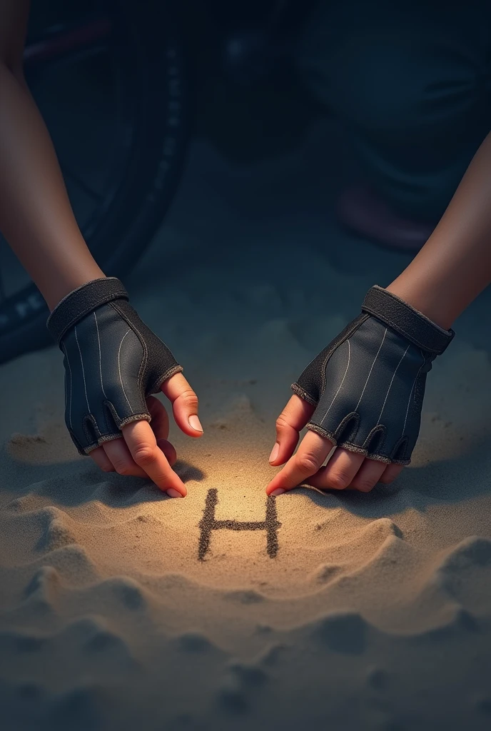 A boy with bycicle gloves on drawing and H on sand night time, make it realistic, only show the hands 