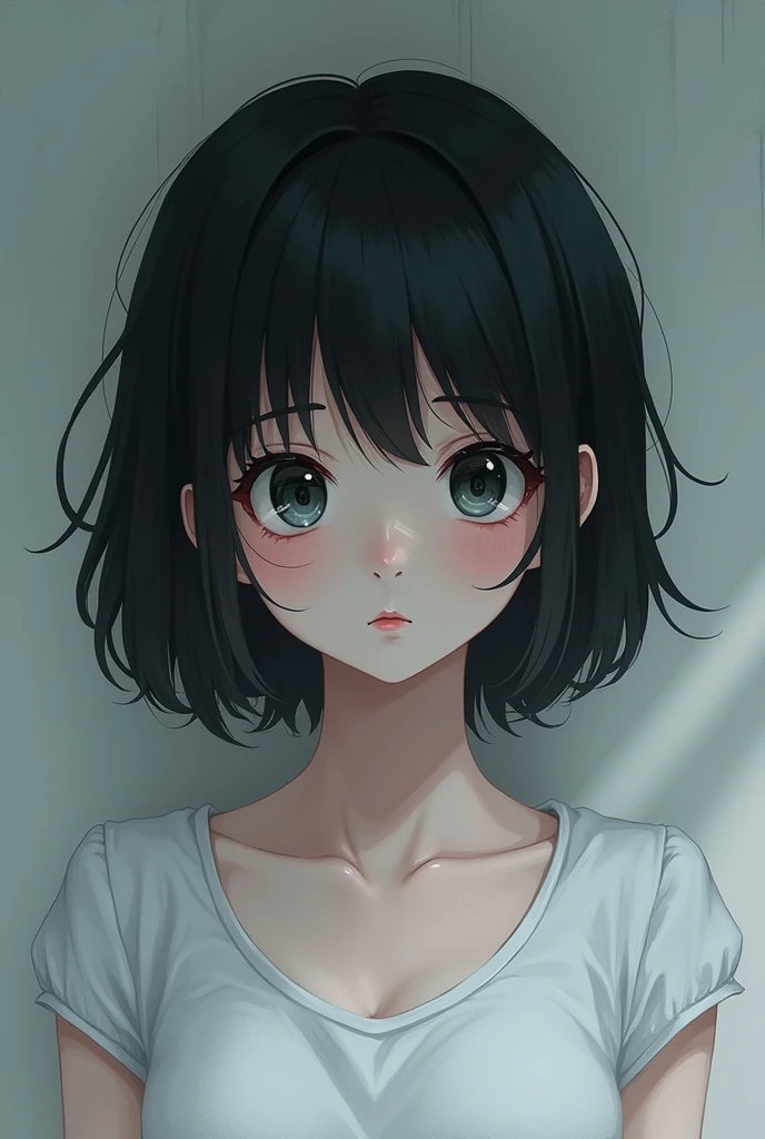 Anime, woman, short black hair, black eyes, 14 year old, wear white dress, scary