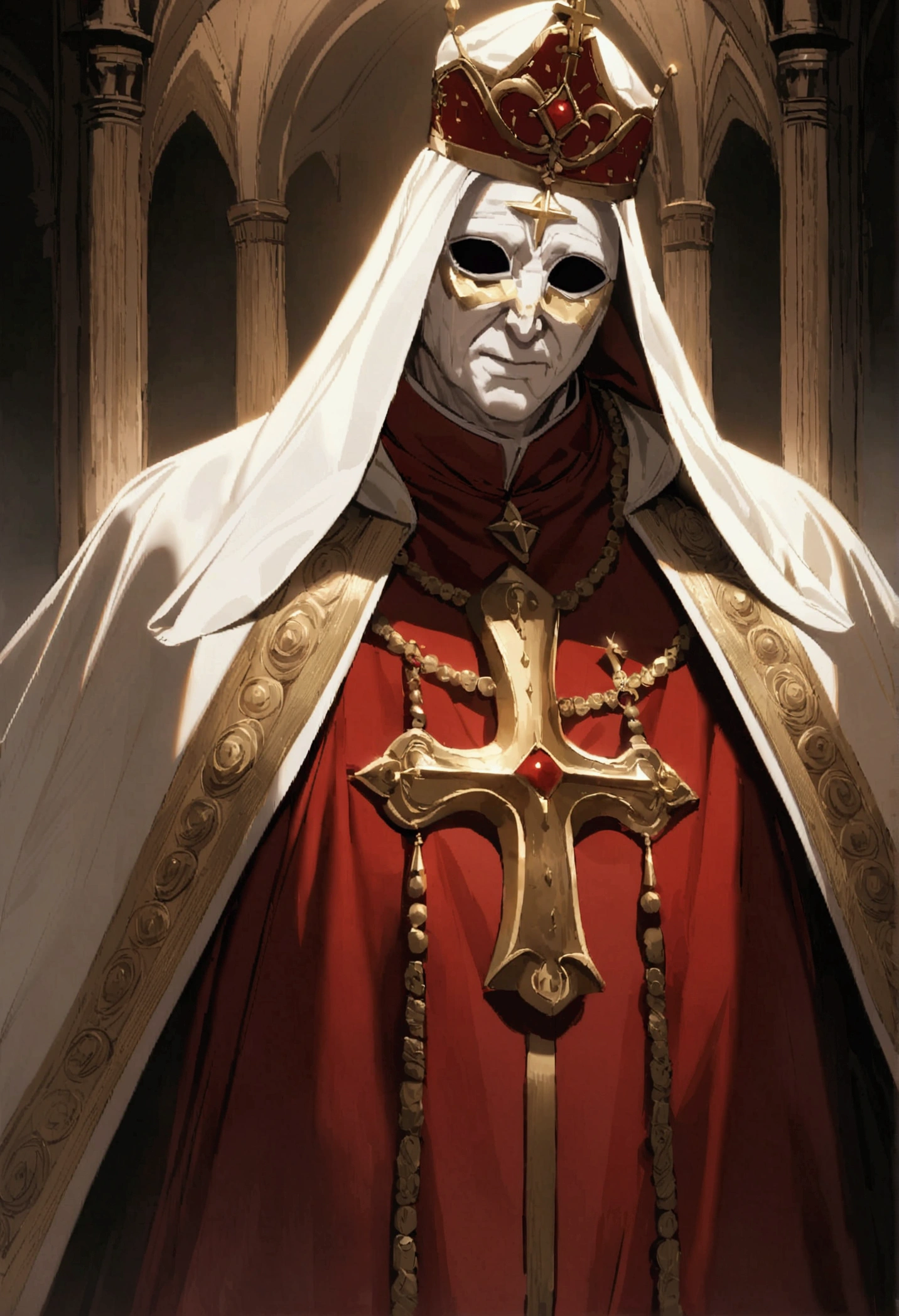 An elderly man , in a completely red tunic with gold details similar to a pope's robe, he wears a pope hat, a scary golden mark on his face, the mask covers the entire face and has black details, It looks like a Venetian carnival marquera, dark background of a church
