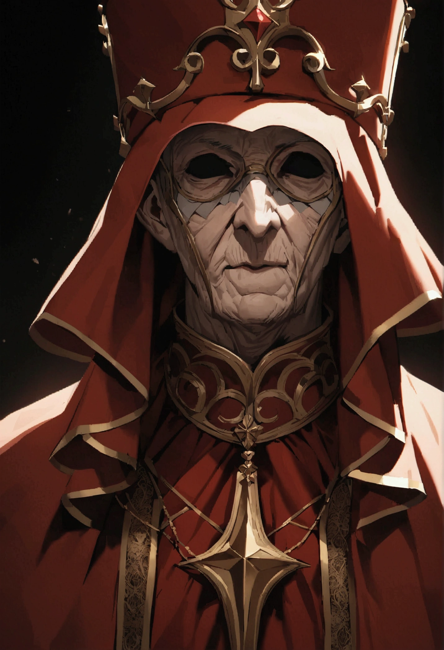 An elderly man , in a completely red tunic with gold details similar to a pope's robe, he wears a pope hat, a scary golden mark on his face, the mask covers the entire face and has black details, It looks like a Venetian carnival marquera, dark background of a church
