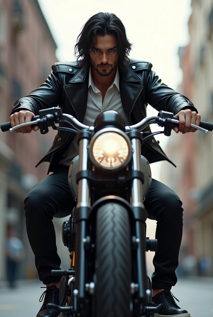 imagine a handsome man with thick, straight black hair, wearing a black leather jacket, white blouse, Black pants and sneakers, with very black eyes, mounted on a motorcycle,medium white skin with a darker tone.
