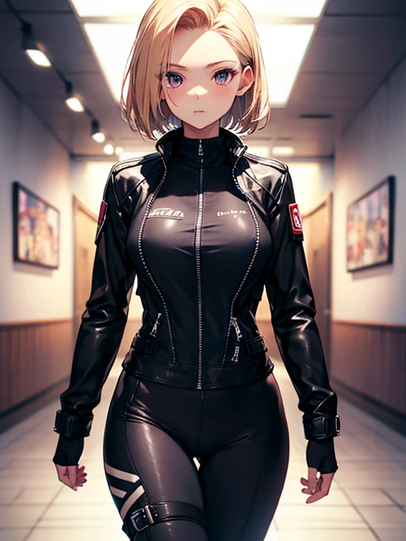 ridersuit, Black Leather Jacket, cute, Beauty,Android 18, (masterpiece), highest quality, 1girl, uhd, retina, masterpiece, ccurate, anatomically correct, textured skin, super detail, high details, high quality, best quality, highres, 4K