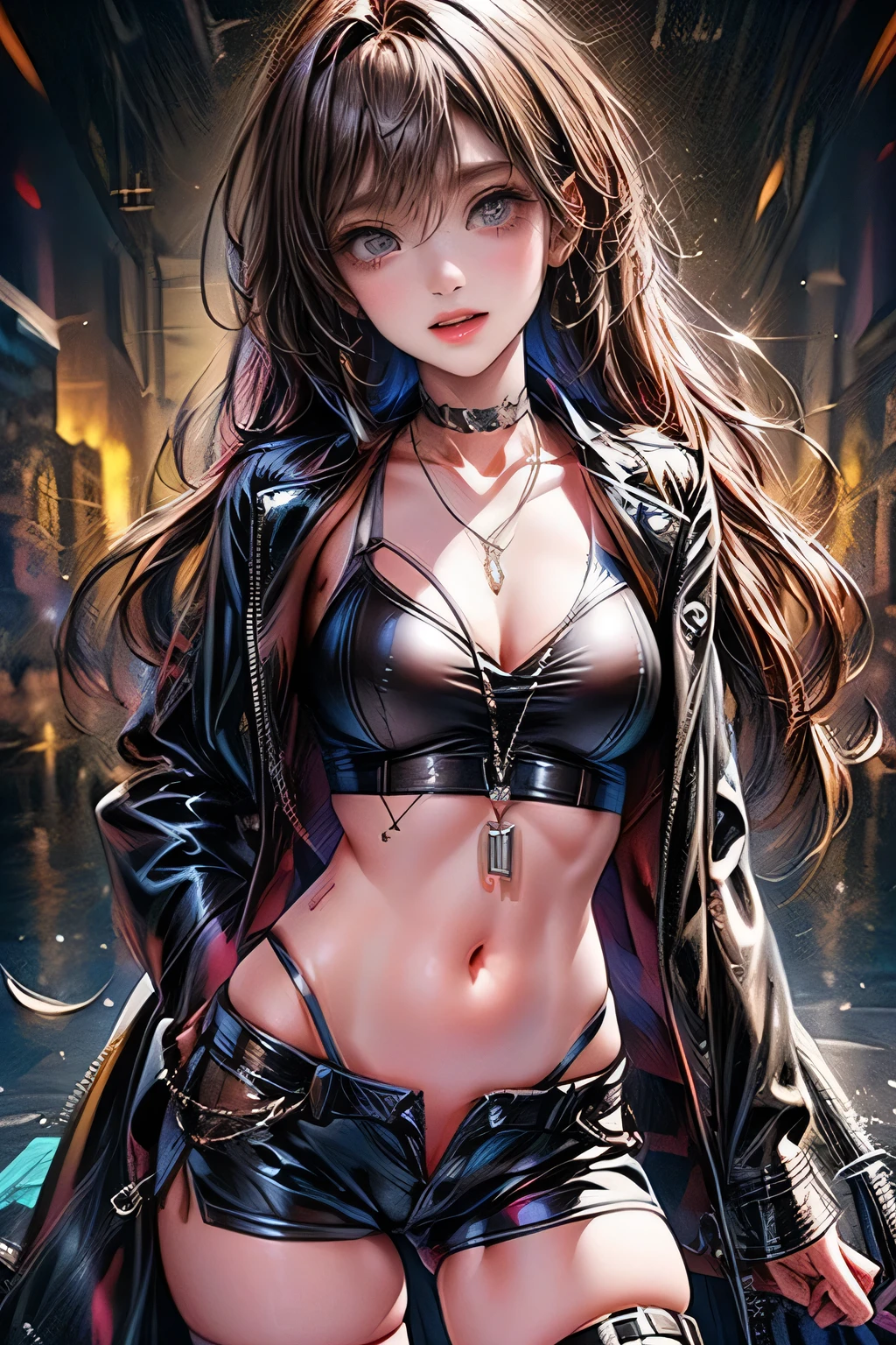 cute girl wearing black leather jacket, 1girl, solo, jacket, long hair, shorts, looking at viewer, navel, smile, outdoors, shirt, short shorts, white shirt, open jacket, open clothes, open mouth, night, cowboy shot, black jacket, black shorts, blush, collarbone, blonde hair, thighs, cleavage, leather, leather jacket, sky