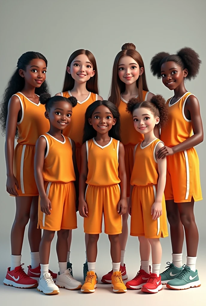 Photorealism: nine girls in one basketball team picture, 3d catoons with same color of jersey the three are chubby