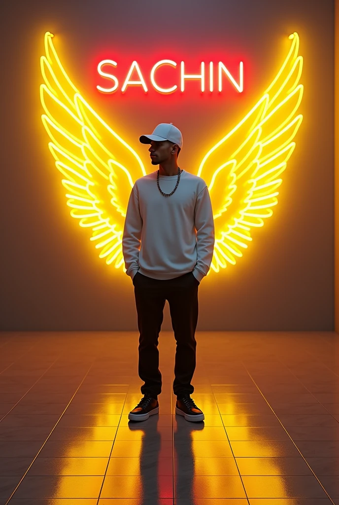 PROMPT :- In this striking and futuristic scene, a mysterious individual stands confidently in front of a mesmerizing neon wall. The individual’s casual attire – a white sweater, white cap, black pants, and black shoes – contrasts with the vibrant neon wings in bright yellow, symmetrically placed on either side of the figure. The bold red neon quote “SACHIN” adds an inspiring touch to the composition. The floor, made of tiles, reflects the grayish hue of the wall,