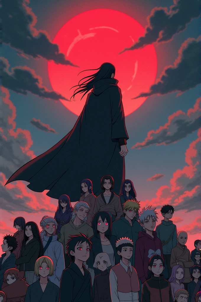 "Illustrate Itachi Uchiha, powerful and composed, standing triumphantly atop a pile of defeated anime characters from various series. His Sharingan eyes glow with intensity, showcasing his mastery of genjutsu. The background features a dramatic, stormy sky that enhances his heroic aura. Incorporate recognizable characters from different anime, each showcasing defeat in a respectful manner. The scene should capture the essence of Itachi's strength, intelligence, and the respect he commands in the anime universe, all depicted in a vibrant, dynamic art style."