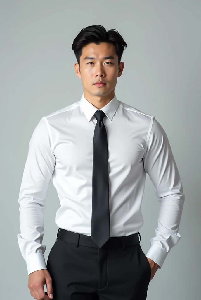 Korean gentleman man, a 25-year-old muscular man, wears a long-sleeved white shirt and tie,Super tight shirt, bodice, soft lighting, masterpiece, best quality, 8k ultra HD, DSLR camera, film grain, Midjourney and greg rutkowski's Fujifilm XT3 realistic painting art, light grey background