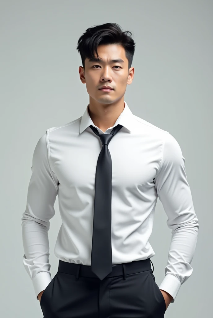 Korean gentleman man, a 25-year-old muscular man, wears a long-sleeved white shirt and tie,Super tight shirt, bodice, soft lighting, masterpiece, best quality, 8k ultra HD, DSLR camera, film grain, Midjourney and greg rutkowski's Fujifilm XT3 realistic painting art, light grey background