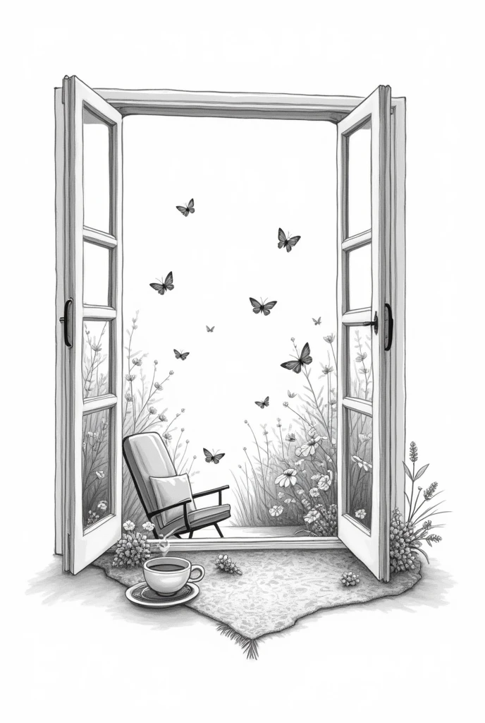 Create a very minimalist and delicate black and white illustration for a tattoo with fine lines of an open vintage window where outside you can see a flower garden with butterflies and inside there is a cozy room with an armchair, rug and side table supporting a hot coffee