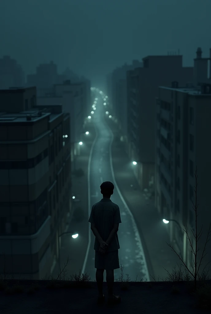 View of the road from the roof of a building、midnight、Low image quality、suicide、First Person View、Not distinct