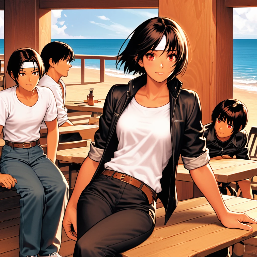 woman,Sleeping position,Confident sleepy face,My friends were surprised,short hair,Black Hair,Dark Skin,Red eyes,((black jacket with sleeves rolled up)),Fingerless gloves,White T-shirt, ((White headband)),Black trousers,White shoes,Brown belt,cute,Indoor Party,Charm Points,Ocean View,Slightly large chest,Outdoor,high quality,good looking,My friend is worried on the terrace,Yawn