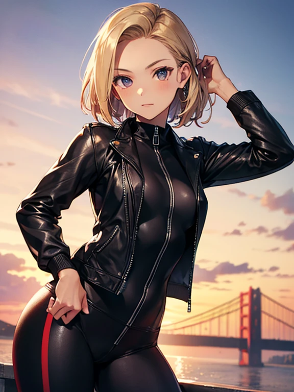femaleguarduniform,1girl,solo,looking at viewer,(standing:1.3),(cowboy shot:1.4),blonde hair,short hair,short ponytail,blue eyes,breasts,medium breasts,rolling sleeves up,black jacket,leather,leather jacket,zipper,armband,gloves,black gloves,pants,(white pants:1.2),boots,knee boots,high heels,high heel boots,black footwear,pants tucked in,outdoors,city lights,cityscape,balcony,sky,skyline,skyscraper,night,night sky,star \(sky\),<lora:PD_Female_Guard_Uniform_V1.0:0.6>,