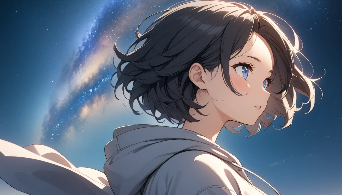 Starry Sky、milky way、One woman、Black Hair、Short Hair、Hair blowing in the wind、Blue Eyes、Wearing a hoodie、Back view、Upper Body、Low - Angle