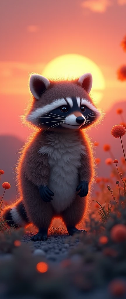 A captivating and enchanting 3D painting of a cute, extra fluffy baby raccoon, entirely crafted from pheasant feathers, with curly hair seamlessly integrated into the design. The raccoon is growling, adding a touch of playful menace, as it stands amidst a breathtaking sunset landscape. The sky is a mesmerizing blend of orange transitioning into pink, casting a warm and vibrant glow over the scene. The artwork masterfully combines illustration, and cinematic elements, creating a dark fantasy world filled with mystery and wonder., painting, 3d render, illustration, conceptual art, photo, vibrant, dark fantasy