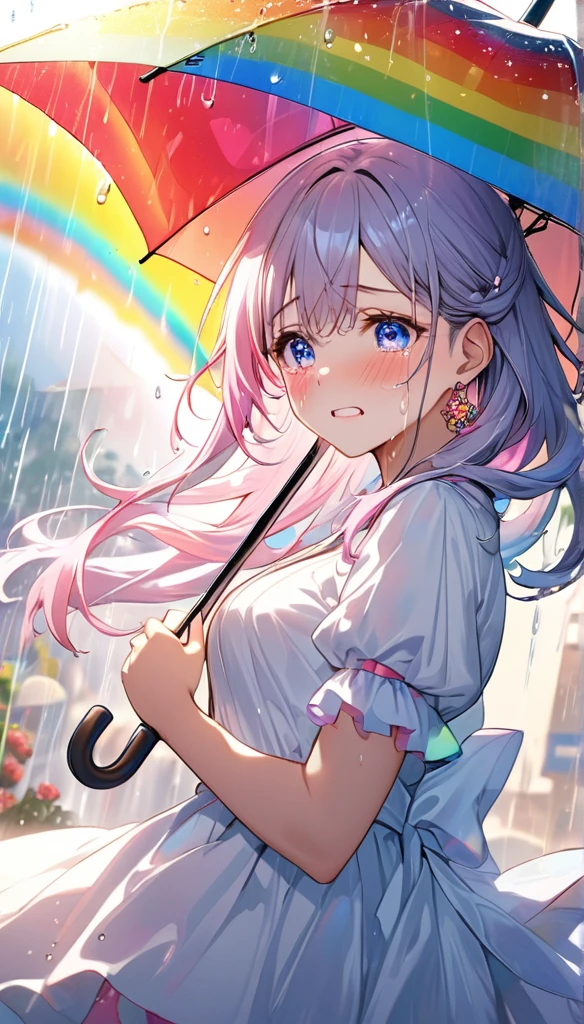 Highest quality, Super Fine, 16K, Incredibly absurd, 2.5D, Very detailed, delicate, Flashy and dynamic depiction, Beautiful woman having fun with umbrella, Like a scene from a movie, Rainbow-colored rain pours down, Splash, Sunlight filtering through the clouds, Twinkle effect、Are crying1人の, blue eyes, tears, Pink eyes, Long Hair, Earrings, tears, Are crying, Bright Eyes, Pink cheeks