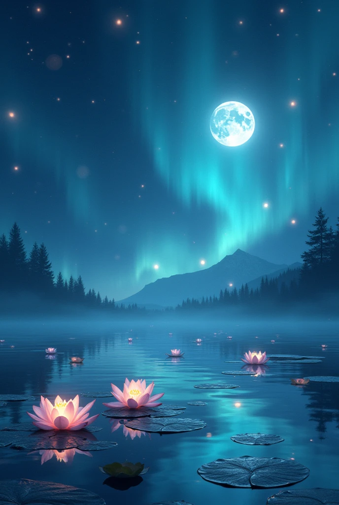 Image of a sea landscape with a moon, and with lotus flowers in the water, Flying fireflies and northern lights in the sky