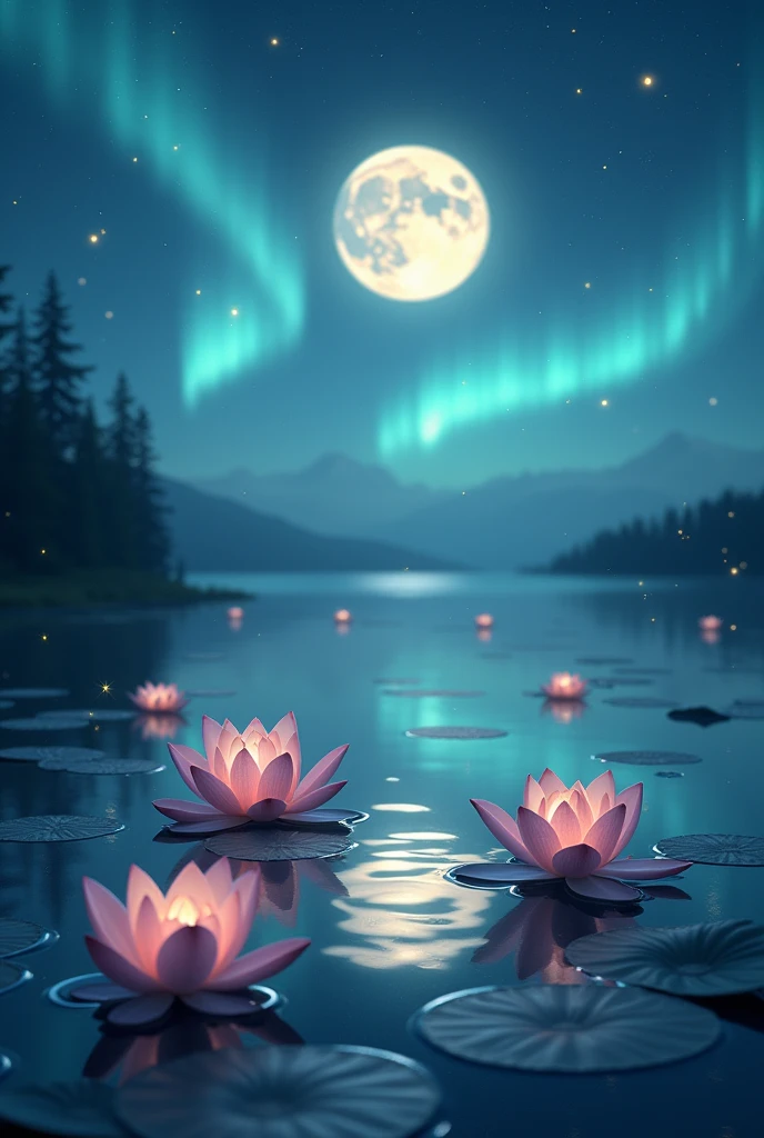 Image of a sea landscape with a moon, and with lotus flowers in the water, Flying fireflies and northern lights in the sky