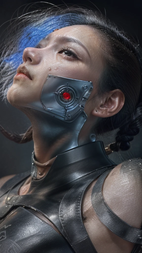 in action, ready for combat, weapons in hand,((Masterpiece, best quality)),(cowboy Shot), cyber, cyborg Japanese warrior woman,
robot joints, arms and legs are covered in cybernetic implants, wire cable attached to the head and body, biomechanical,
medium height, with a slender and muscular figure. She has long black hair tied in a ponytail and dark, piercing eyes. She wears light samurai armor made of leather and metal, with a traditional kimono. She holding a naginata