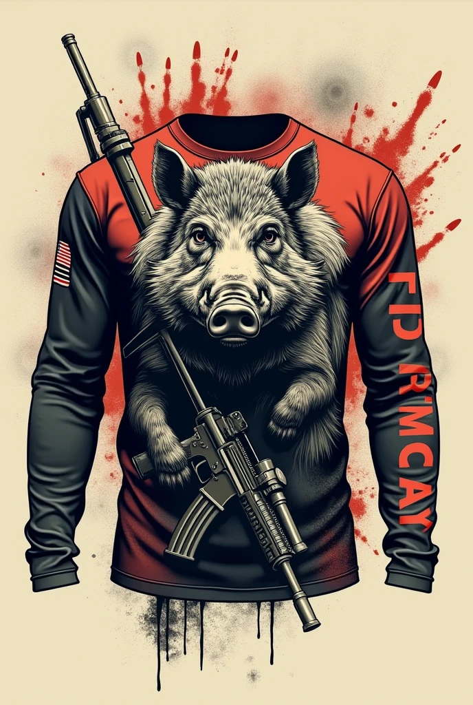 CREATE A LONG SLEEVE AMERICAN MILITARY T-SHIRT, WITH A DRAWING OF A BOAR AND A FIZIL AND BULLET SHOTS WITH WRITING "PICA FUMO TEAM"
