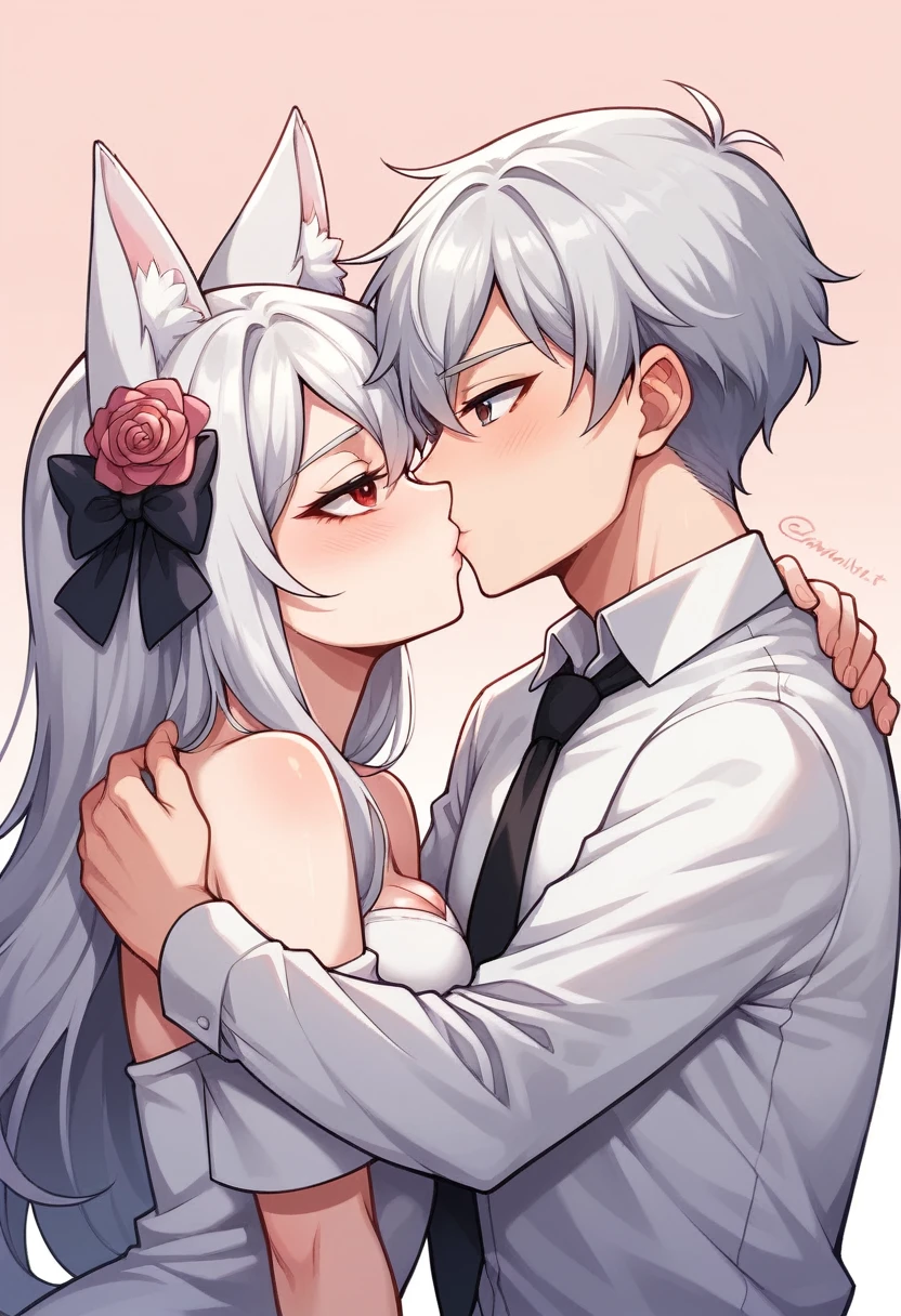 Create an enchanting anime-style illustration featuring two people sharing a tender kiss. The first is a with spiky silver hair with silver eyes, He wears a white dress shirt with the sleeves rolled up, a black loosened tie. The character exudes a cool, laid-back vibe with a slightly melancholic aura,The second is a girl is shorter, with shoulder-length white hair, large red eyes, and fluffy white fox ears. She dons a similar kimono, featuring a predominantly white base with soft pink accents and a distinct floral design. Her obi is also deep pink, tied in a large bow, and she wears a pink flower accessory in her hair. As they kiss, their warm and cheerful expressions convey a deep sense of love and connection. They are surrounded by a soft, pastel background that enhances the overall gentle and heartwarming mood of the scene. The lighting around them is darker, creating a contrast that emphasizes the intimate moment and adds depth to the illustration. This deeper lighting effect adds a touch of mystery and magic to the atmosphere while still maintaining a serene vibe, capturing the enchanting essence of the characters.