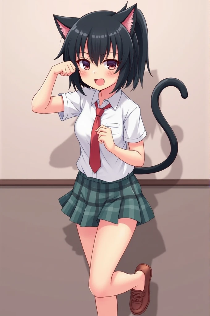 Haru Yoshioka, cat girl, blue vest, blue pleated skirt, socks, black shoes. Putting his hand on his face, opening his mouth, brown eyes, tail under his skirt, cute little fangs, medium breasts, red tie, beard, dark brown tail, , (blushing), (erect penis), (ahegao), (sticks out tongue), (estrous period), (outdoors),