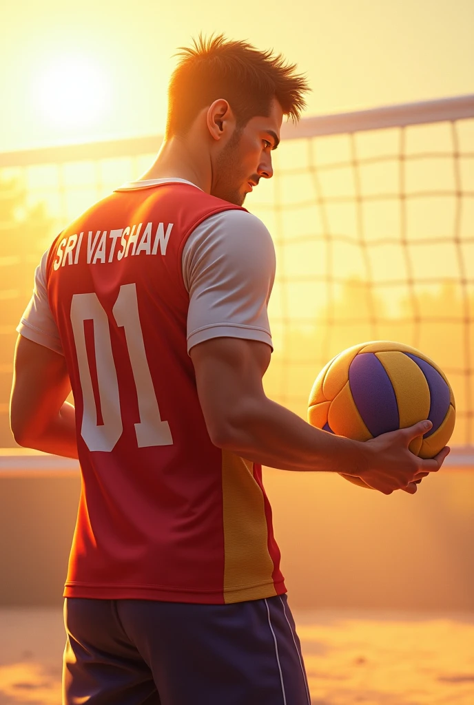 A male volleyball player standing turned with his volleyball his name in jersey is SRI VATSHAN and number as 01 tuning back aside in sunlight background 