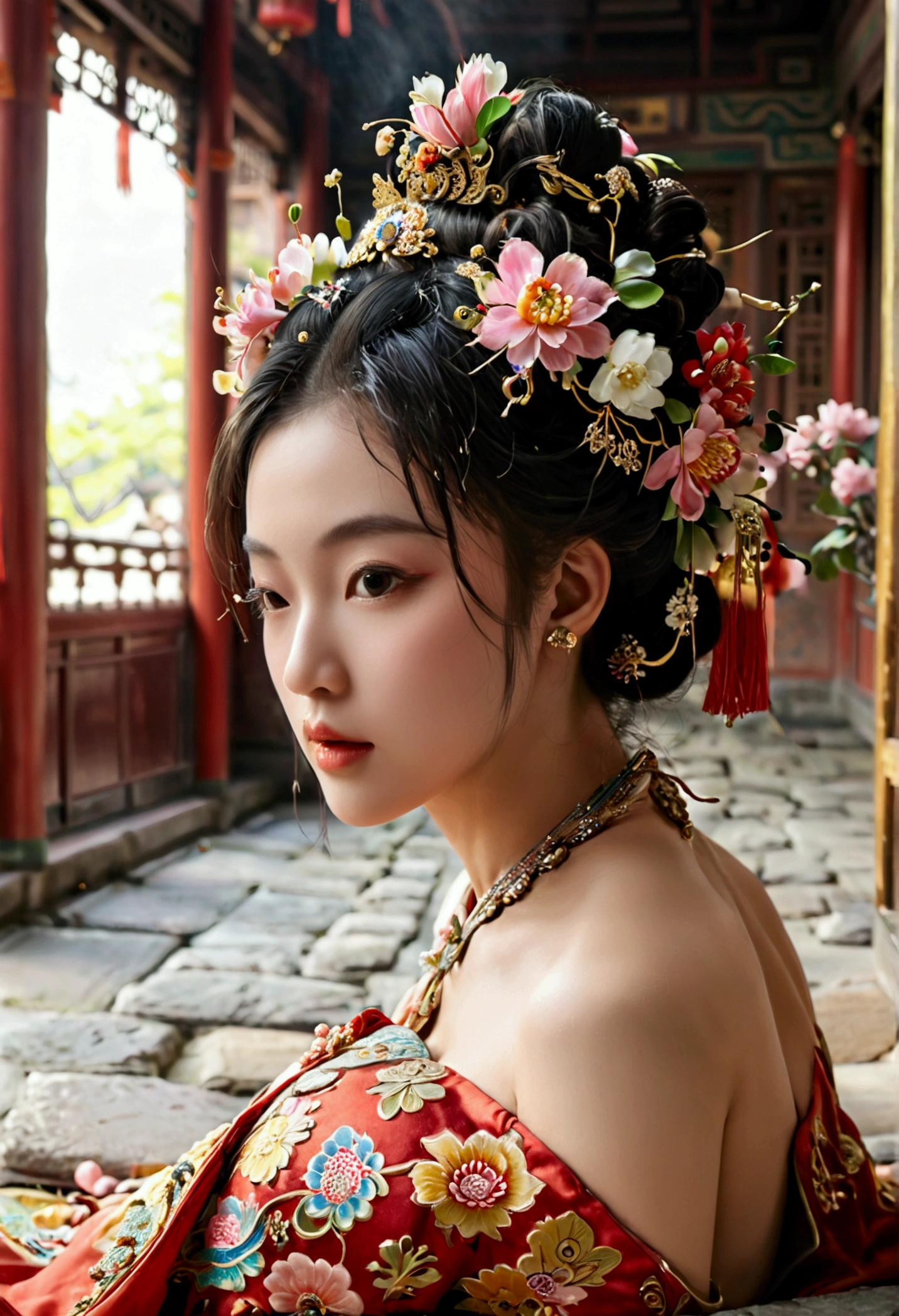 A woman seen from the front, bent over on the ground facing forward, legs spread apart, busty and naked, wearing a crown and showing her thighs and feet from below, in the Chinese imperial court of the Qing dynasty.。She is completely naked, showing off her gorgeous large flowers and hairpins, her hair tied up and pulled up, and the background is the stone paving of the Chinese palace of the Qing Dynasty.
