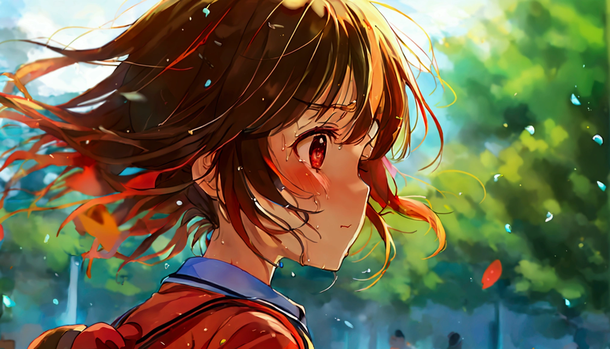 Kanbaru Suruga from Flower Story、Desperate、running、Sweat、The background is the schoolyard、Hesitation、Eyes closed、The theme is "youth"、In the soil of the schoolyard"the last day of my adolescence"it is written like this
